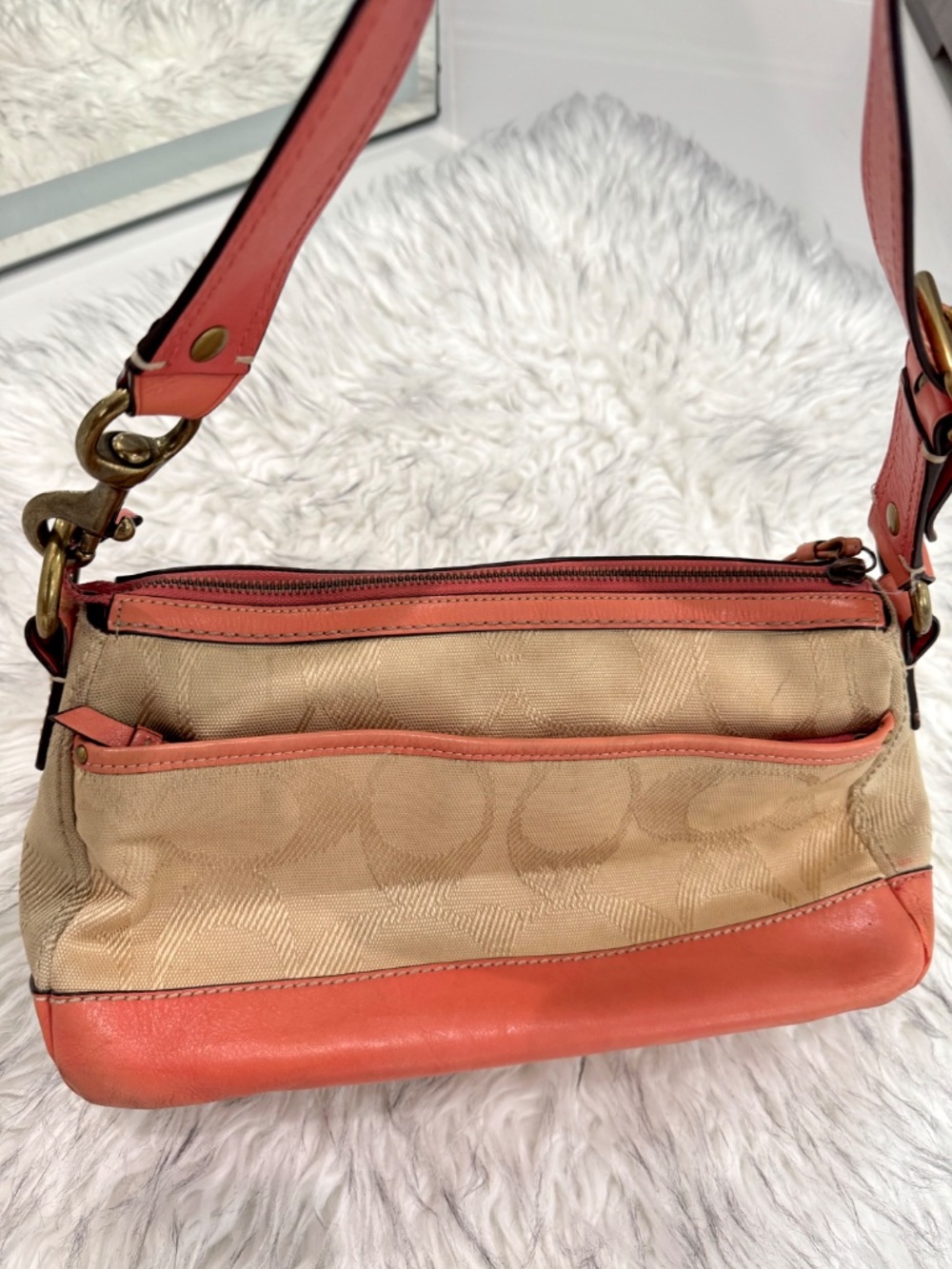 Vintage Coach Legacy Signature Canvas Turnlock Bag - Coral & Khaki - Picture 2 of 5
